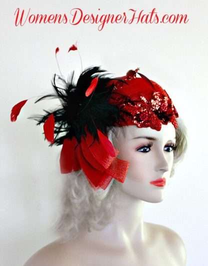 Haute Couture Red Black Cocktail Pillbox Hat