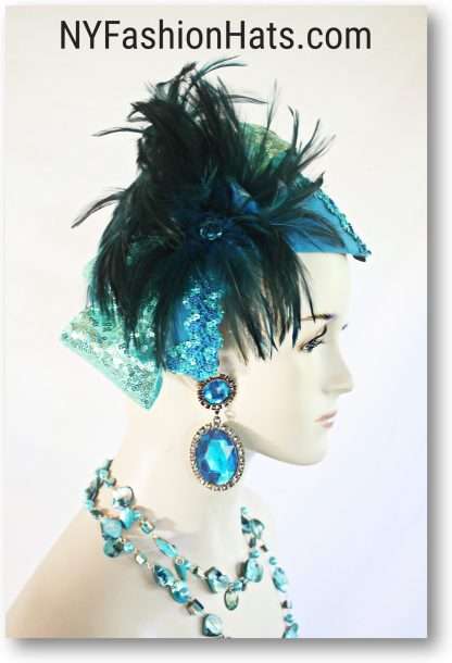 Haute Couture Statement Turquoise Blue Green Winter Cocktail Hat Wedding Fascinator For Women