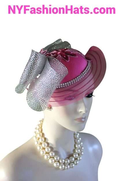 Hot Pink Satin Metallic Silver Haute Couture Designer Hat Women