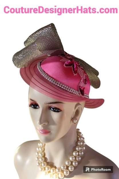 Hot Pink Satin Metallic Silver Haute Couture Designer Hat Women