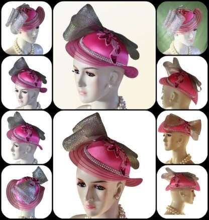 Hot Pink Satin Metallic Silver Haute Couture Designer Hat Women