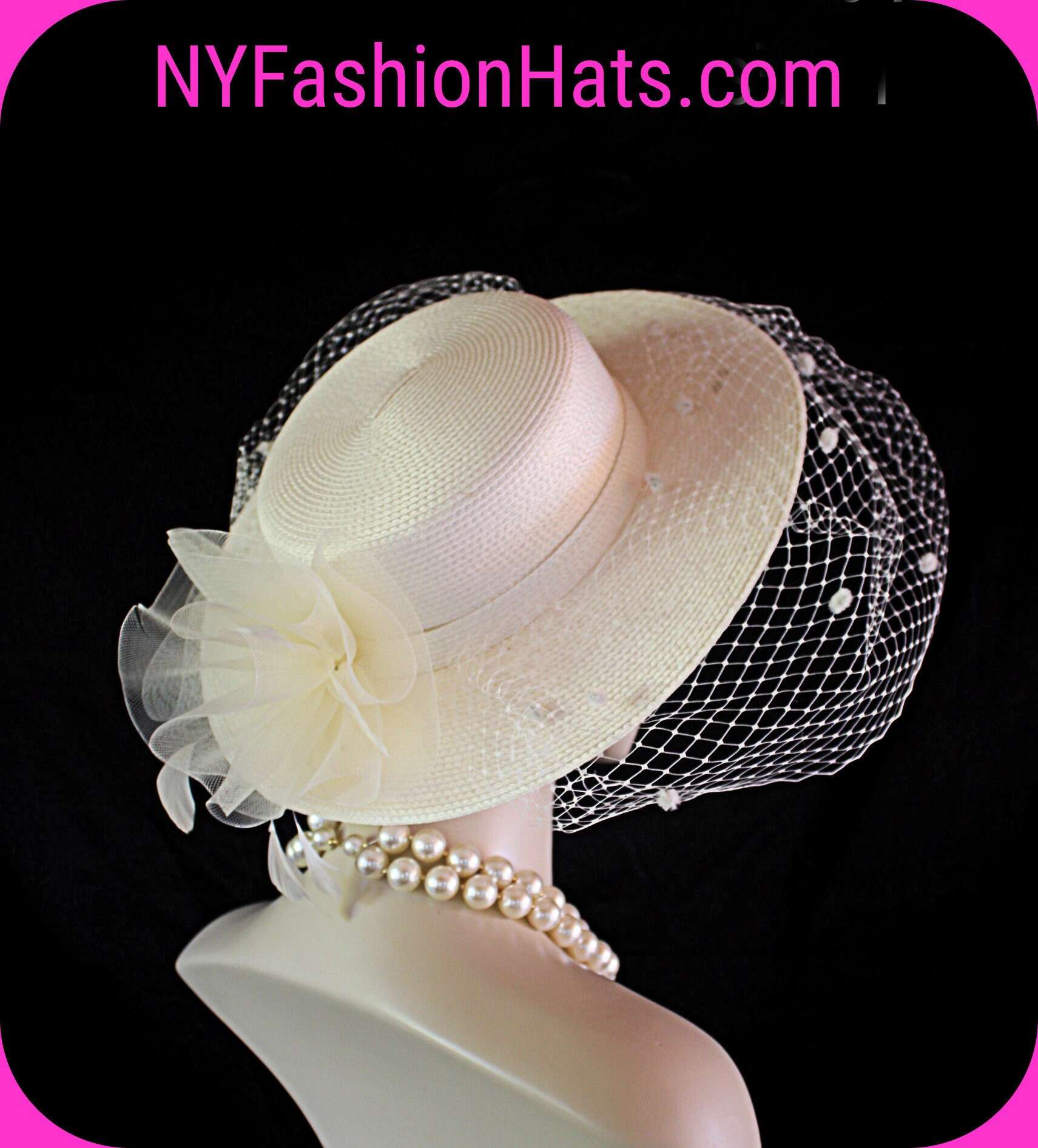 Ivory Beige Medium Brim Wedding Bridal Hat With A Birdcage Veil, Mother Of The Bride Couture Designer Hat, Traditional Hat, NYFashionHats