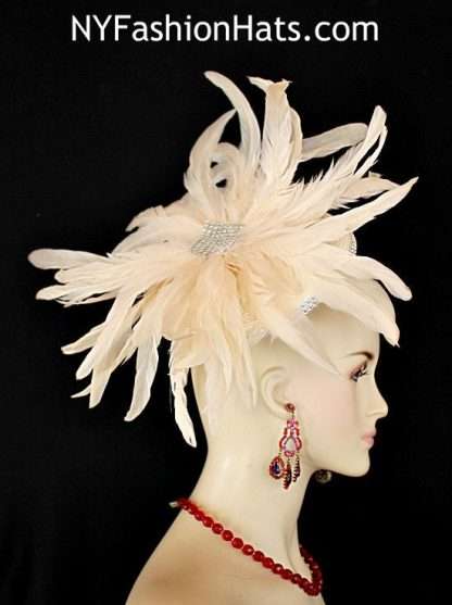 Ivory Disk Saucer Shaped Fascinator Hat Rooster Feathers