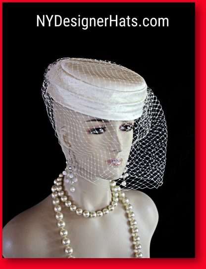 Ivory Satin Pillbox Wedding Bridal Hat With A Birdcage Veil