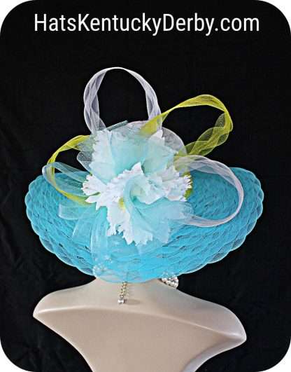 Turquoise Yellow White Big Bow Wide Brim Hat