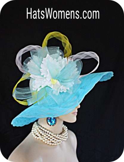 Turquoise Yellow White Big Bow Wide Brim Hat