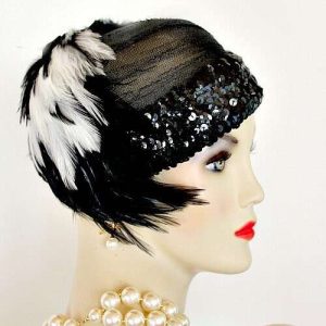 Ladies Black White Flapper Art Deco Feather Cocktail Hat 1920's Style