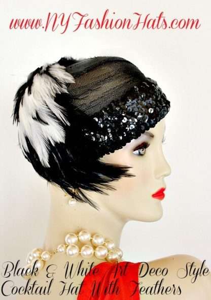 Ladies Black White Flapper Art Deco Feather Cocktail Hat 1920's Style