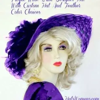 Ladies Purple Wide Brimmed Designer Hat Choose Feather And Hat Colors