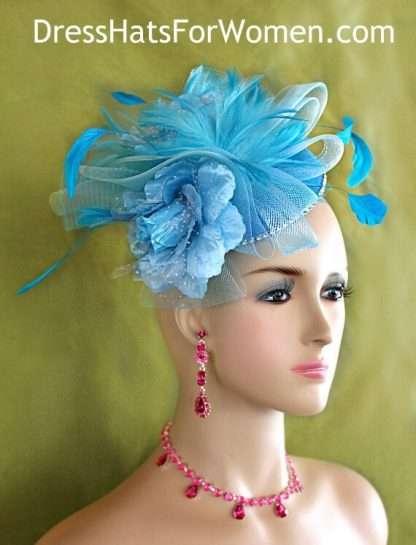 Ladies turquoise aqua baby blue designer sinamay straw wedding fascinator cocktail hat