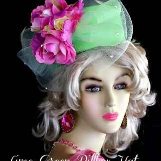 Lime green pillbox designer hat fuchsia pink roses