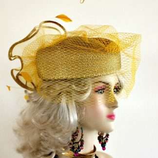 Metallic Gold Birdcage Veil Pillbox Statement Formal Wedding Hat