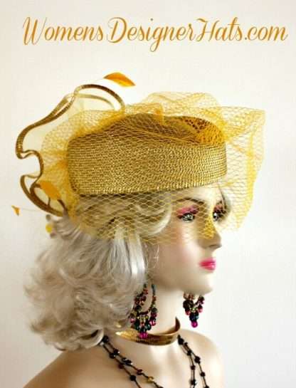 Metallic Gold Birdcage Veil Pillbox Statement Formal Wedding Hat