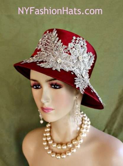 Motf Premium Haute Couture Burgundy Metallic Silver Luxury Statement Hat