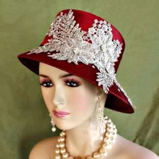 Motf Premium Haute Couture Burgundy Metallic Silver Luxury Statement Hat