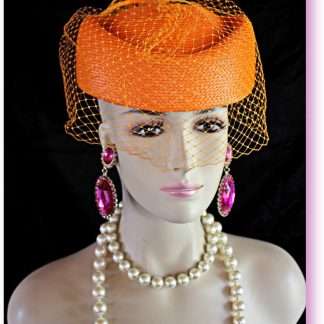 Orange Pillbox Formal Fashion Hat With A Veil