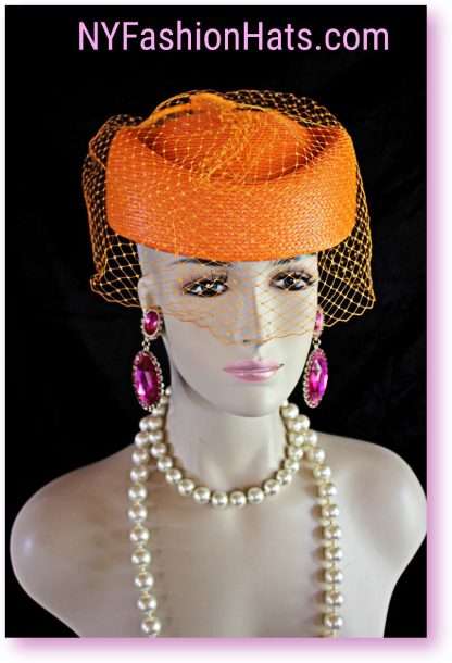 Orange Pillbox Formal Fashion Hat With A Veil