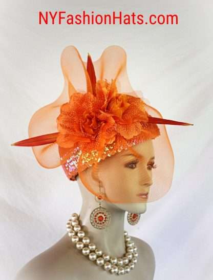 Orange Pink Statement Pillbox Wedding Bridal Hat