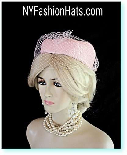 Pink Pillbox Formal Fashion Hat With A Veil