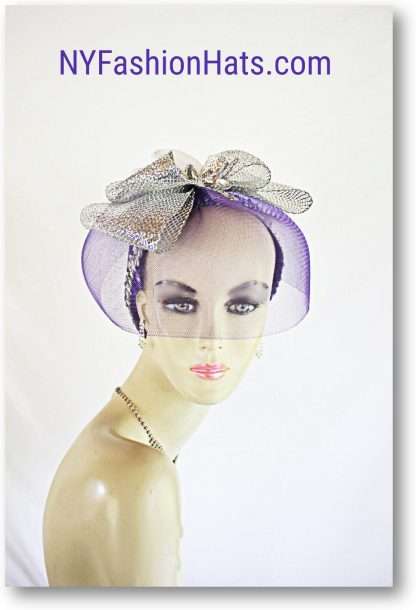 Purple Metallic Silver Pillbox Formal Wedding Bridal Hat