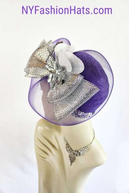 Purple Metallic Silver Pillbox Formal Wedding Bridal Hat