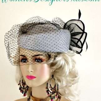 Silver Grey Pillbox Hat Black Birdcage Veil Bow