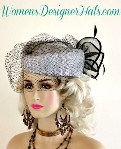 Silver Grey Pillbox Hat Black Birdcage Veil Bow