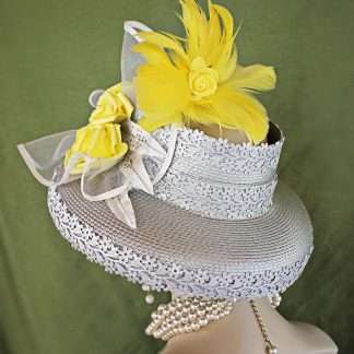 Silver Grey Yellow White Crownless Kentucky Derby Hat