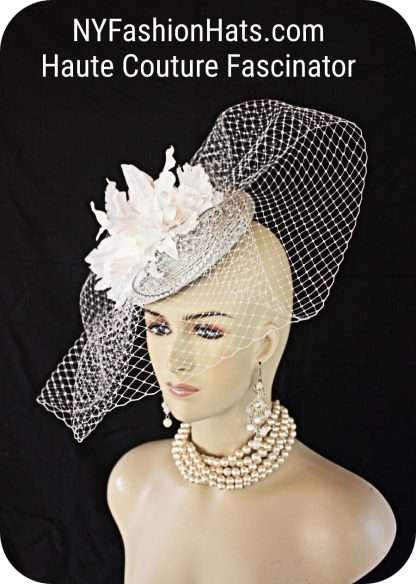 Silver Gray White Birdcage Veil Brides Hat