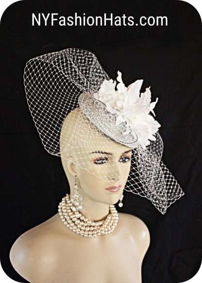 Silver Gray White Birdcage Veil Brides Hat