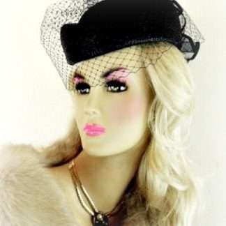 Women's Black Couture Designer Pillbox Hat With A Veil