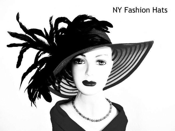 Women's Black Couture Wide Brim Sheer Dramatic Hat With Feathers