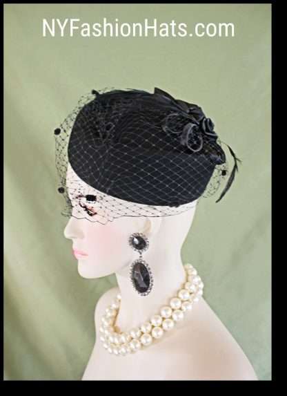 Women's Couture Designer Black Wool Satin Pillbox Hat