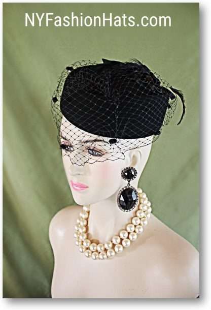 Women's Couture Designer Black Wool Satin Pillbox Hat