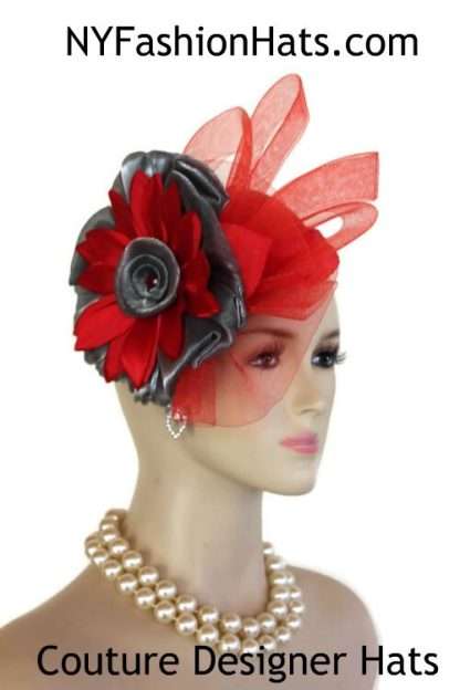 Red Charcoal Metallic Grey Statement Wedding Fascinator