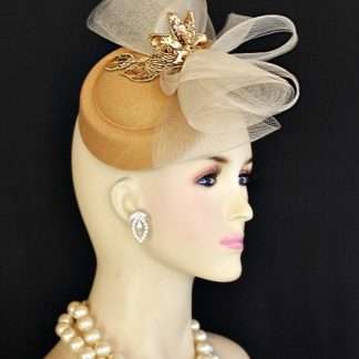 Women's Couture Designer Gold Beige Bronze Felt Cocktail Hat Fascinator