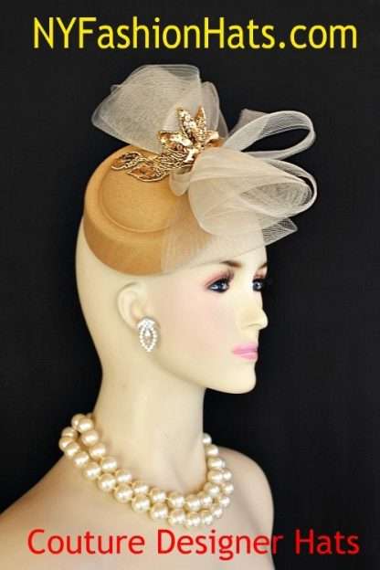 Women's Couture Designer Gold Beige Bronze Felt Cocktail Hat Fascinator