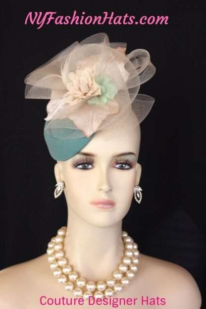 Women's Couture Designer Jade Green Beige Winter Felt Cocktail Hat Wedding Fascinator