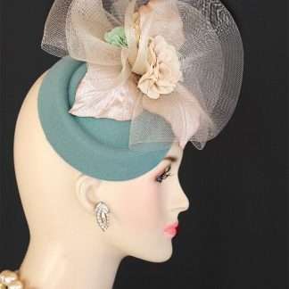 Women's Couture Designer Jade Green Beige Winter Felt Cocktail Hat Wedding Fascinator