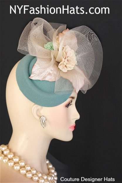 Women's Couture Designer Jade Green Beige Winter Felt Cocktail Hat Wedding Fascinator