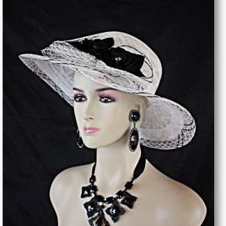 Women's Couture Designer White Black Hat With Roses