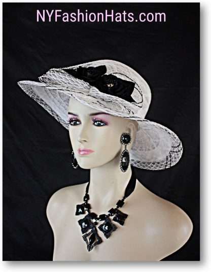 Women's Couture Designer White Black Hat With Roses