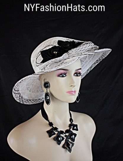 Women's Couture Designer White Black Hat With Roses