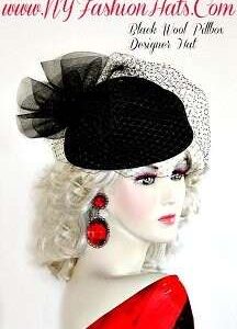 Black Pillbox Winter Wool Couture Designer Ladies Hat Birdcage Veil