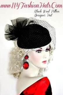 Black Pillbox Winter Wool Couture Designer Ladies Hat Birdcage Veil