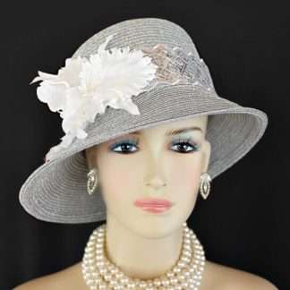 Women's Designer Metallic Silver Formal Church Wedding Bridal Hat White Orchid Flowers