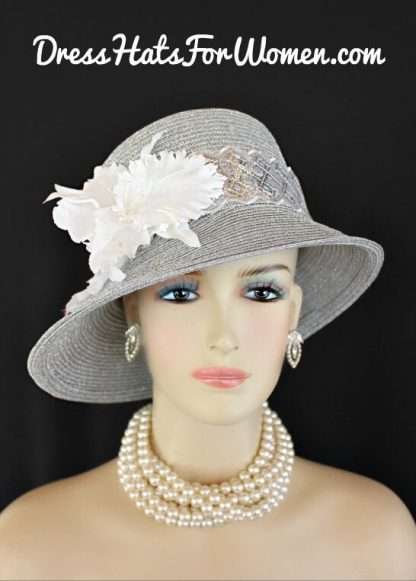 Women's Designer Metallic Silver Formal Church Wedding Bridal Hat White Orchid Flowers