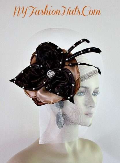 Women's Great Gatsby Flapper Ivory Brown Satin Pillbox Hat