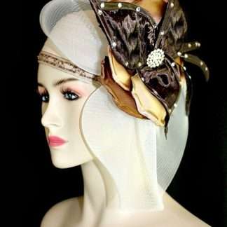 Women's Great Gatsby Flapper Ivory Brown Satin Pillbox Hat