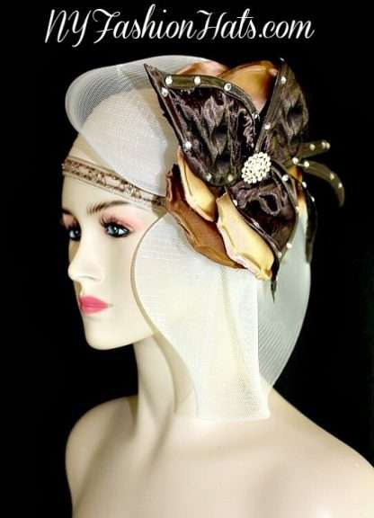 Women's Great Gatsby Flapper Ivory Brown Satin Pillbox Hat